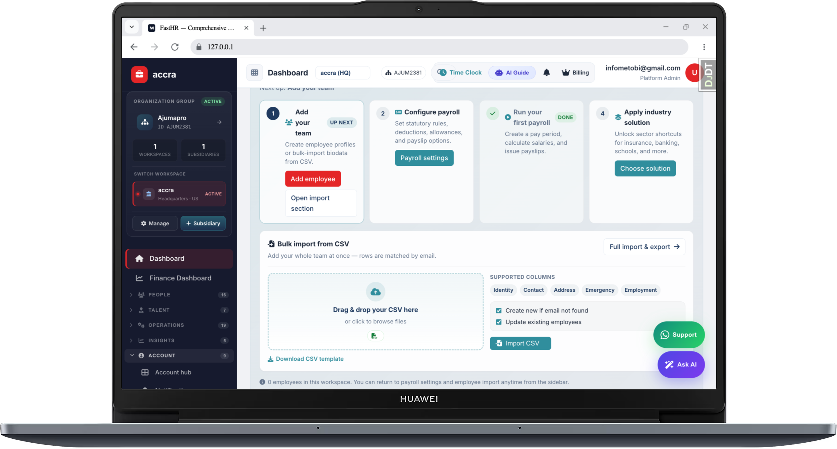 Bulk employee CSV import with validation and onboarding wizard