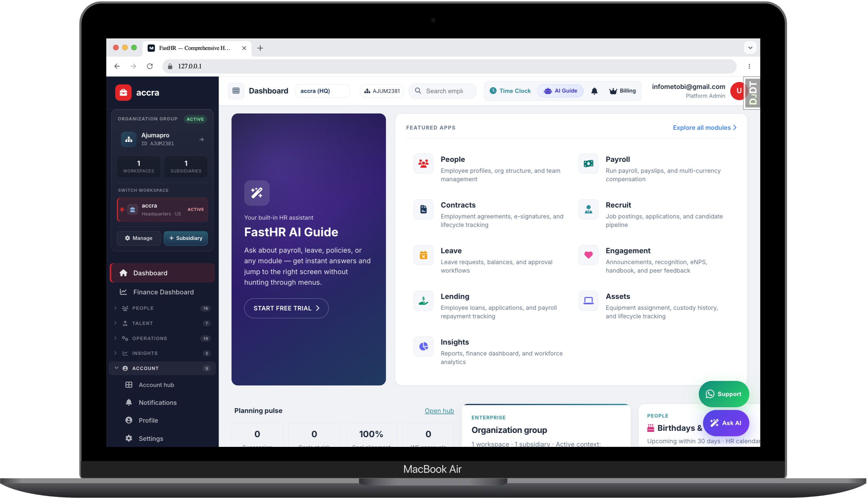 FastHR360 dashboard showing People, Payroll, Recruit, Leave, Lending, and Insights modules