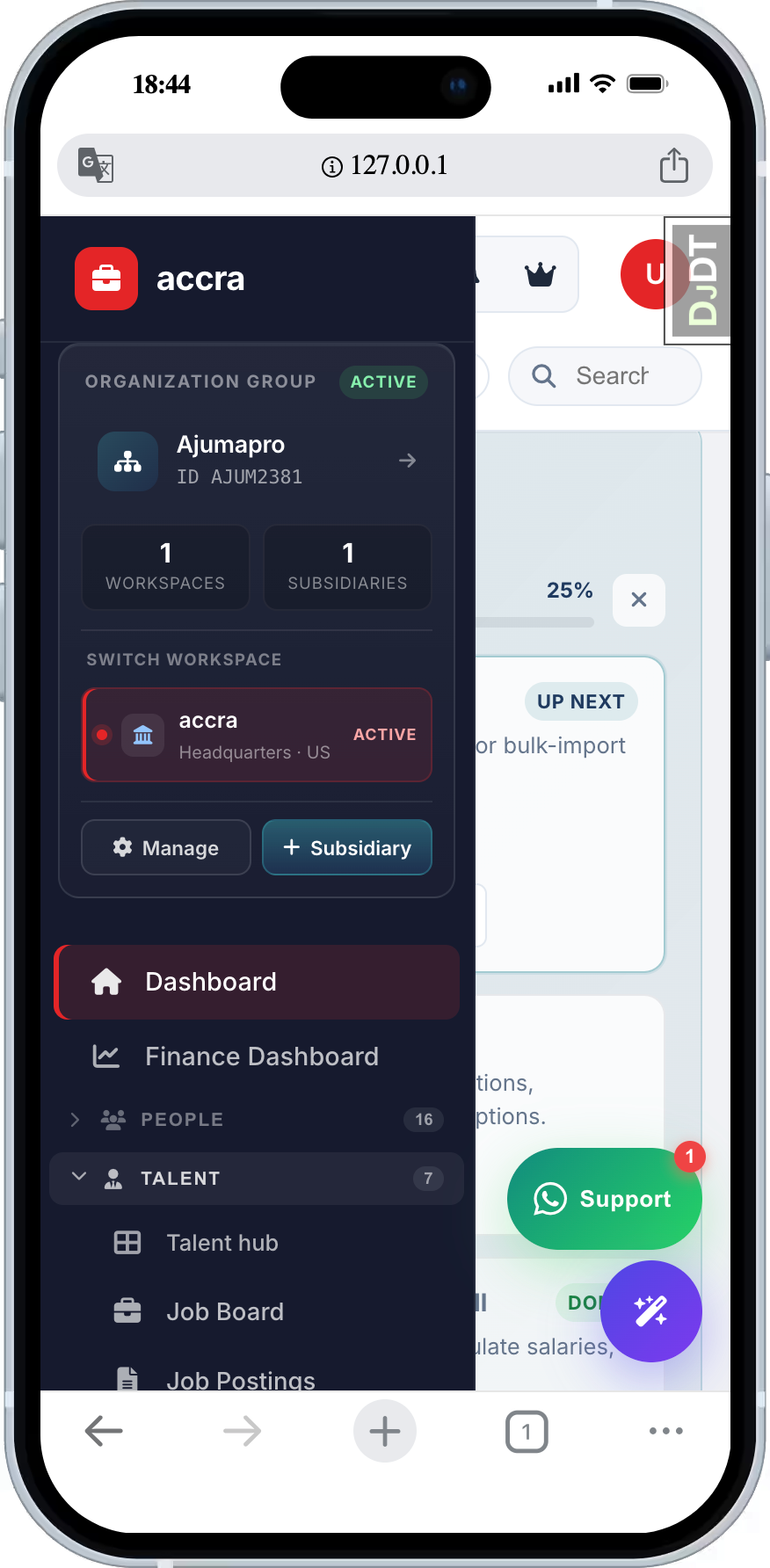 FastHR mobile navigation with workspace switcher